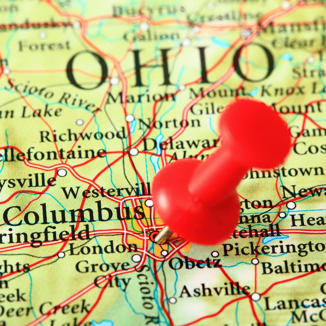 Red pushpin pinned on a map of central Ohio near Columbus.