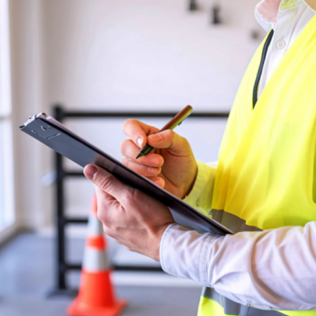 Inspector in a high-visibility vest writing notes on a clipboard during a site inspection.