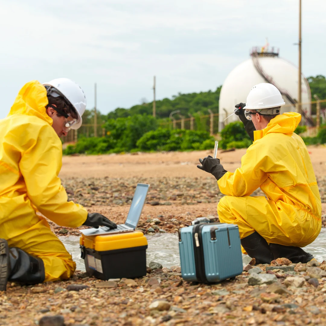 Two environmental technicians in yellow hazmat suits conduct field sampling near a stream and storage tank.