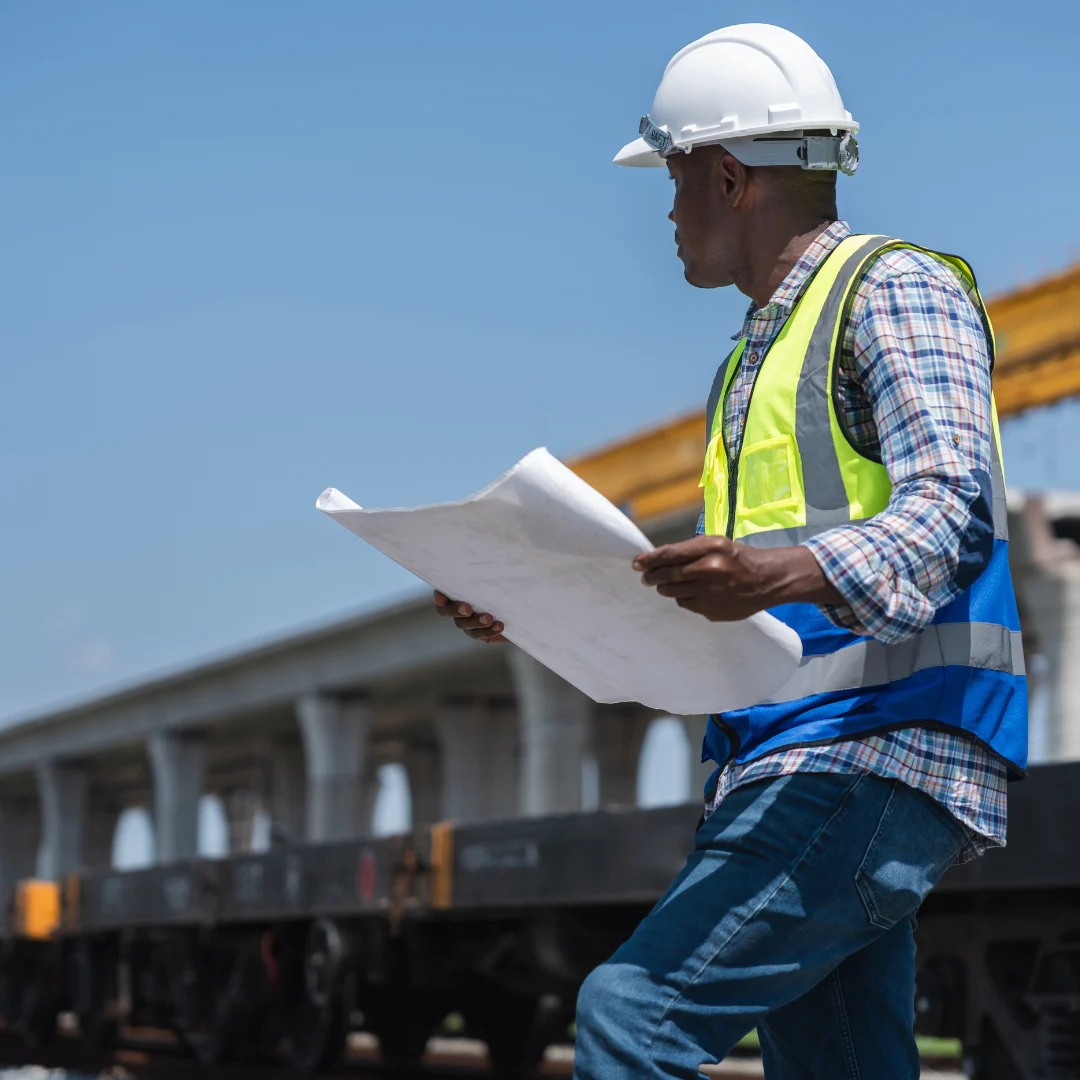 Field engineer in a hard hat and high-vis vest holding blueprints during an infrastructure site inspection.