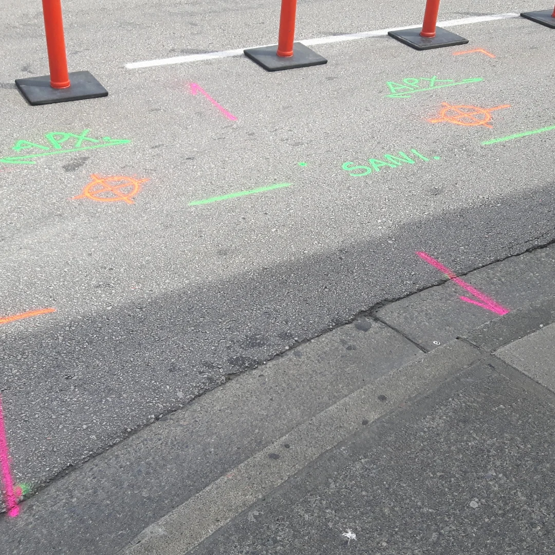 Fluorescent green and pink utility locate paint markings on asphalt pavement with orange traffic bollards.