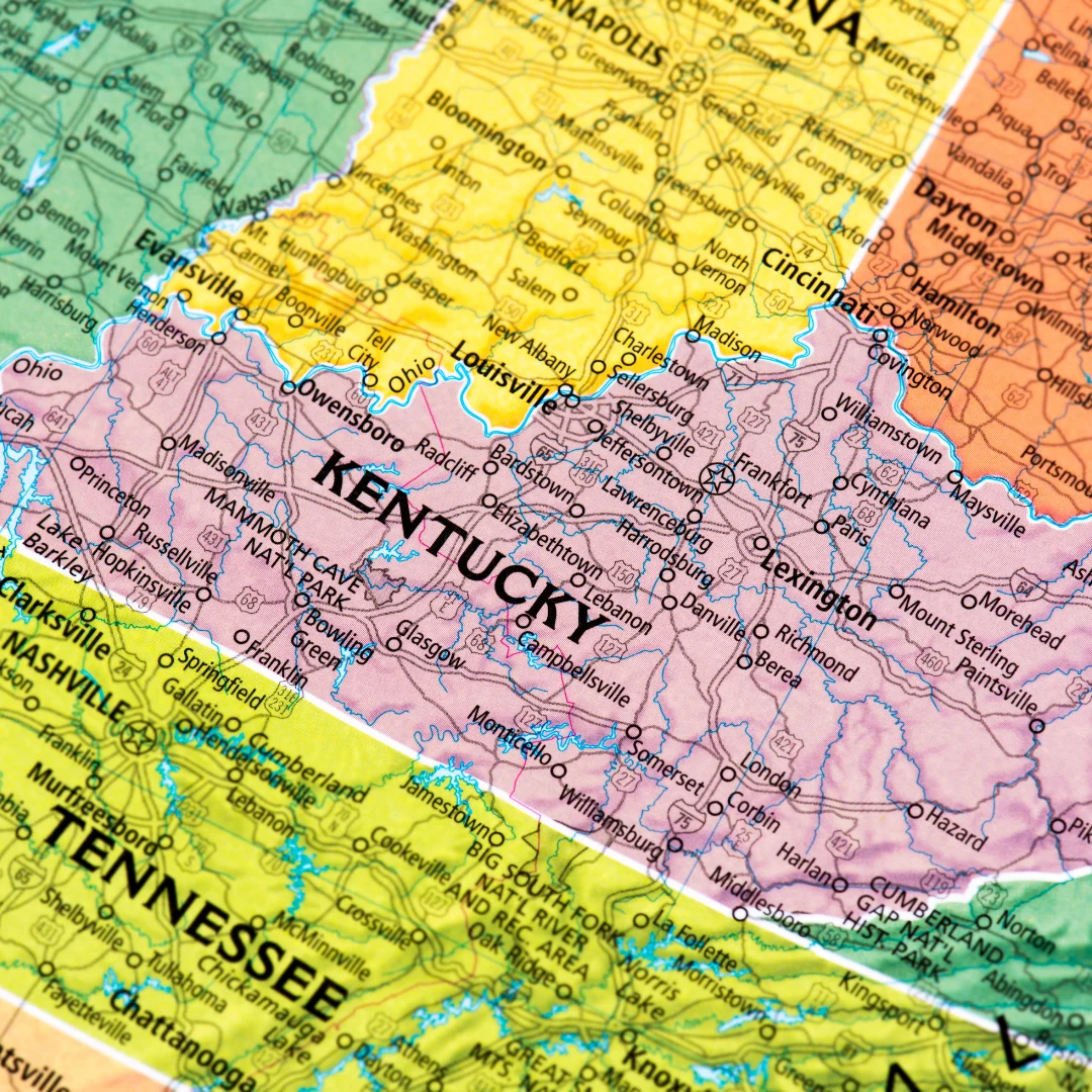 Regional map showing Kentucky, Tennessee, and southern Indiana with state borders and major cities labeled.