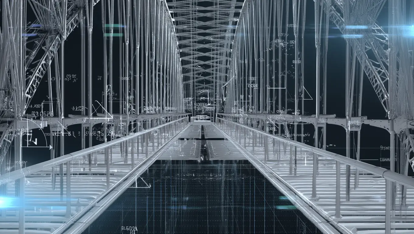 Symmetrical view looking down a modern steel arch bridge with vertical cables and a reflective walkway.