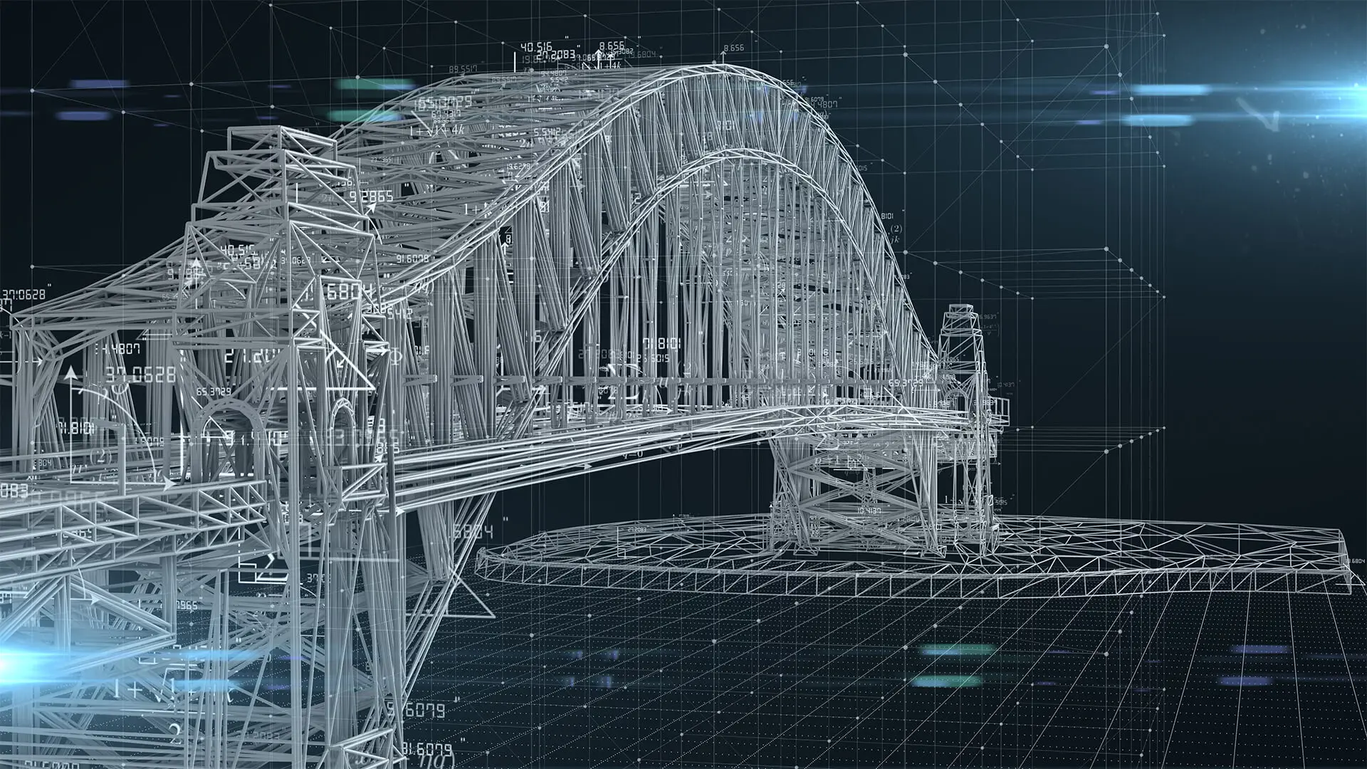Digital 3D wireframe rendering of a steel arch bridge over a dark technical grid background.