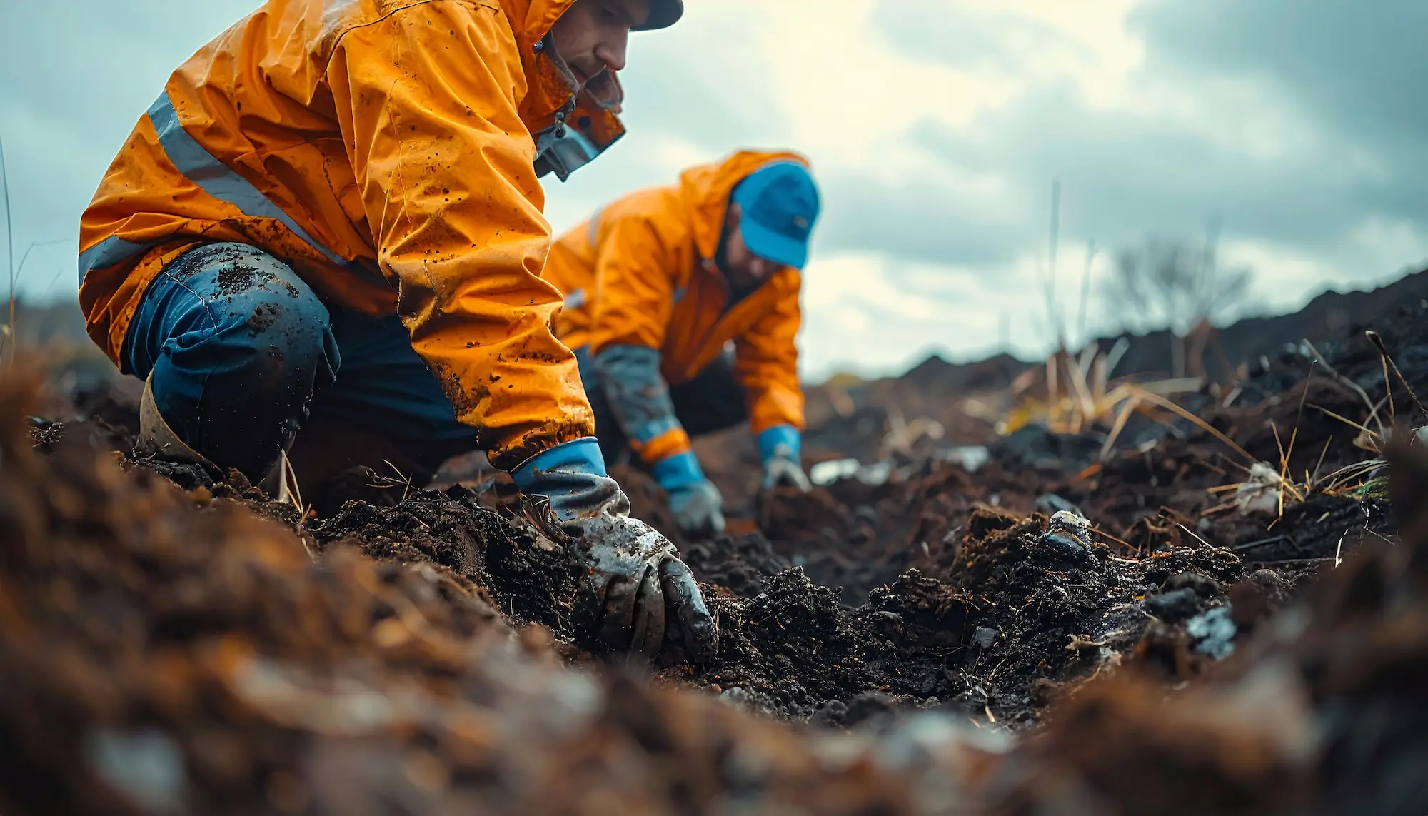 Two field technicians in orange jackets dig into dark soil during site testing.