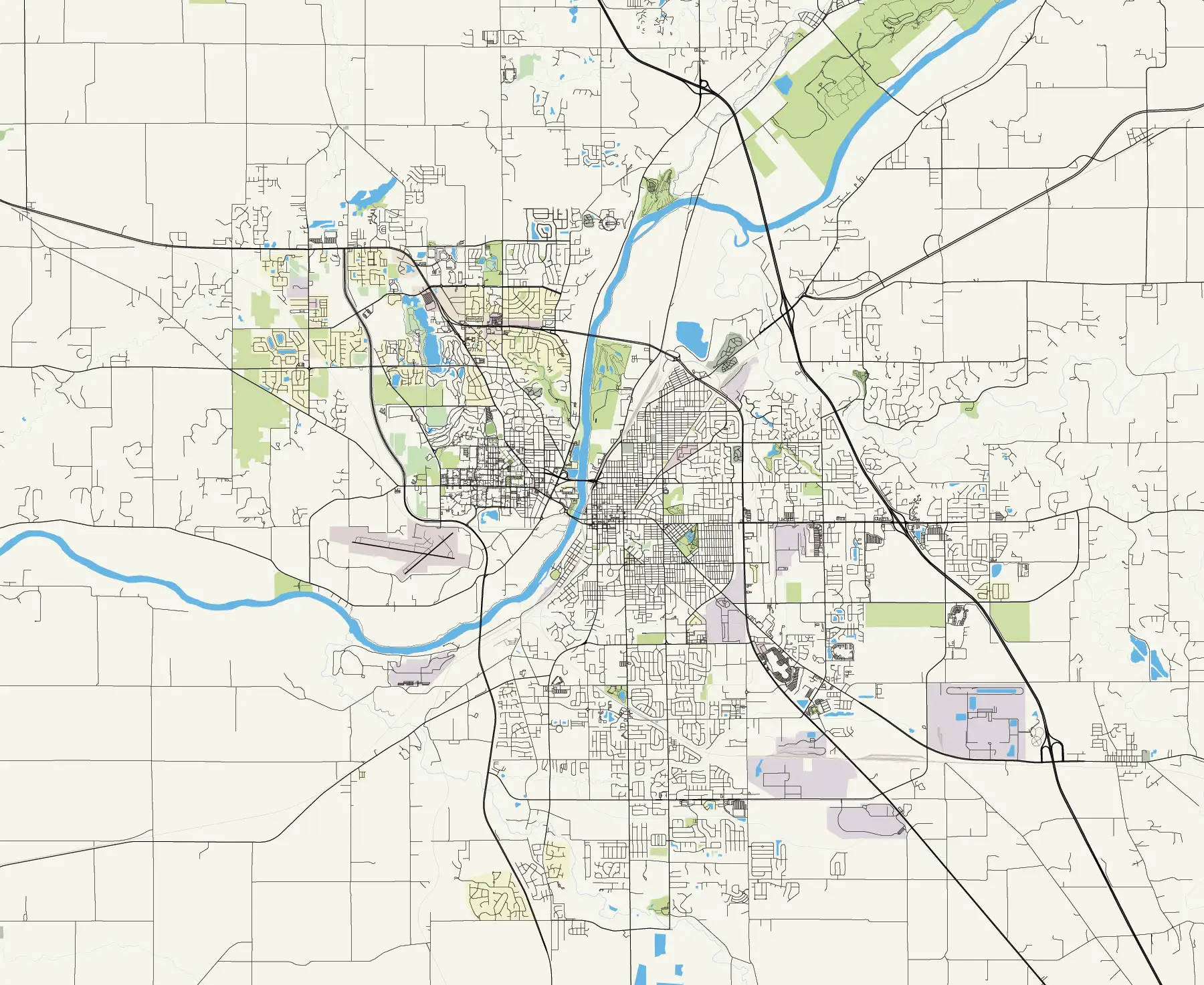 Regional site context map illustrating a river winding through a city, surrounding roads, and land parcels.