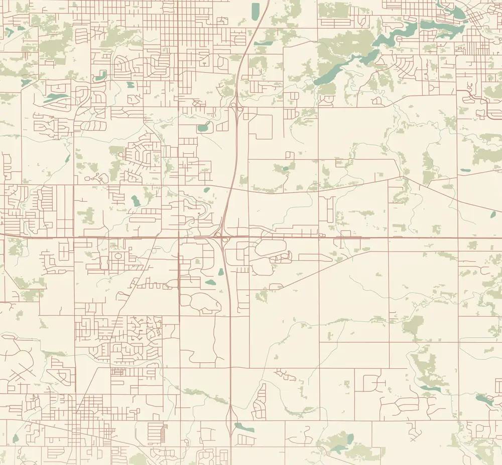 Light-toned street map displaying road grids, major highways, and green spaces.